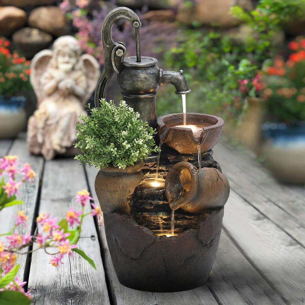 Farmhouse Pump and Pots Resin Outdoor Fountain with LED Lights. Picture 4
