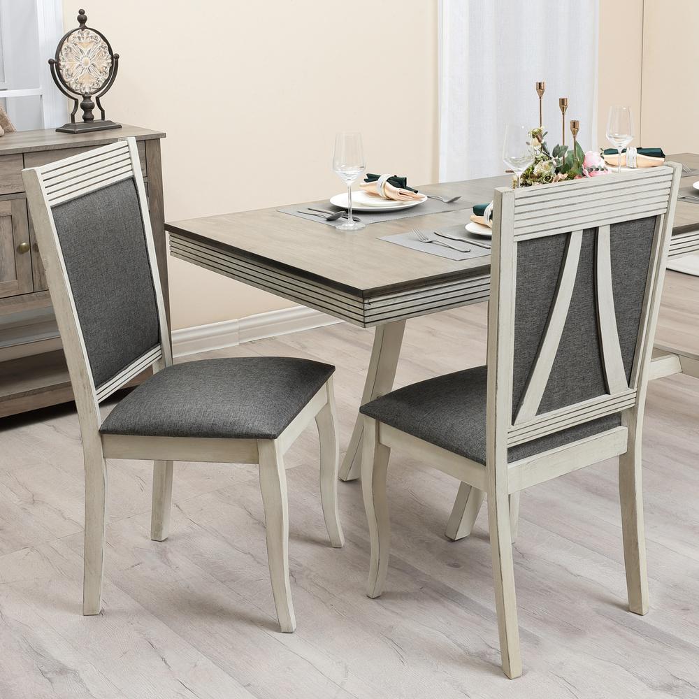 Distressed Off White Rubberwood and Gray Upholstered Dining Chair, Set of 2. Picture 6