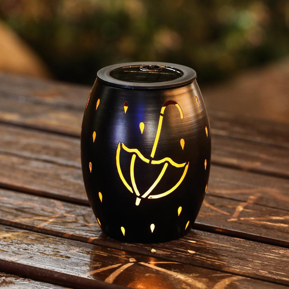 LuxenHome 6-Inch Black Metal Rain Solar Powered Outdoor Decorative Lantern. Picture 2