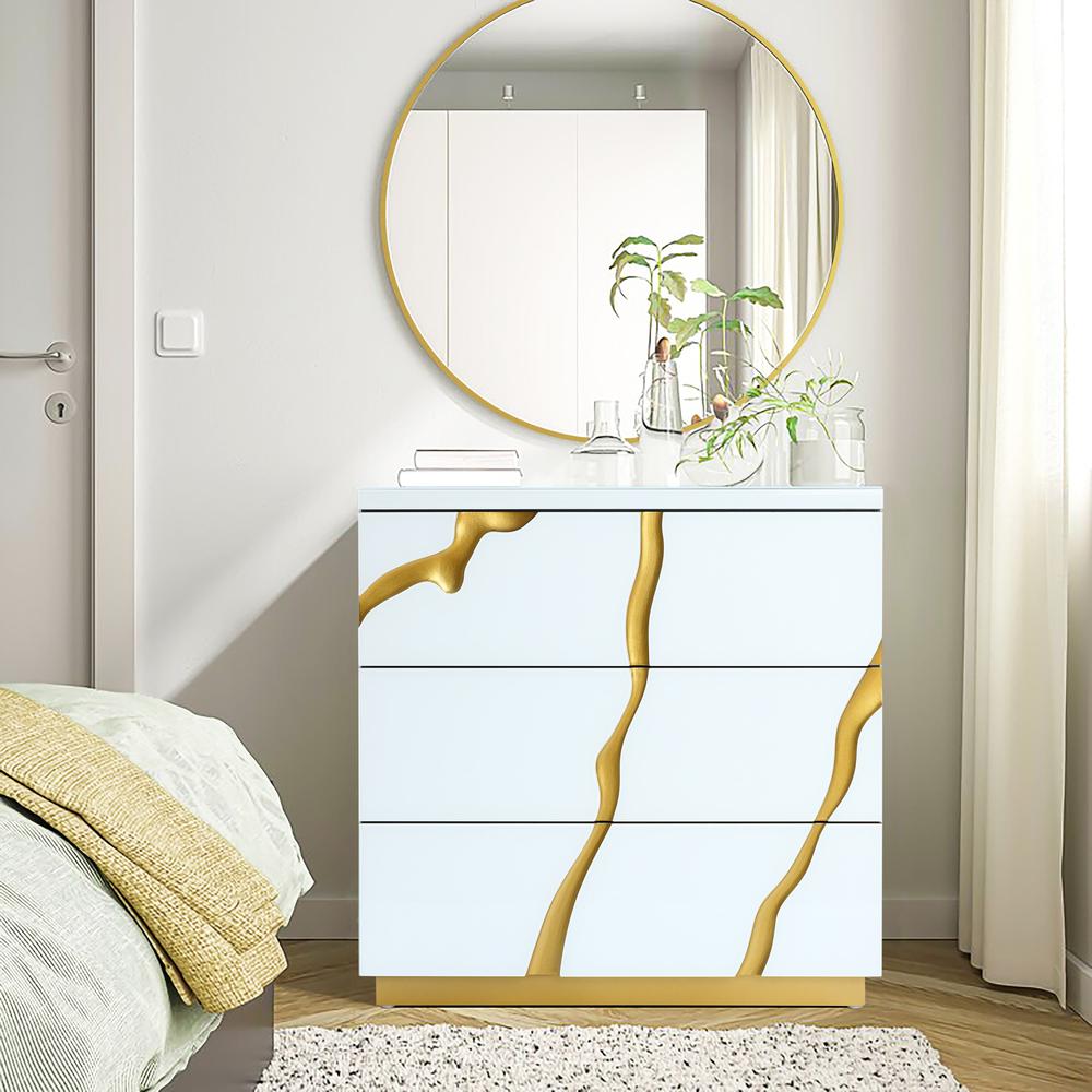 Modern White with Gold Ribbon 31.5" Tall 3-Drawer Bachelor Chest. Picture 11