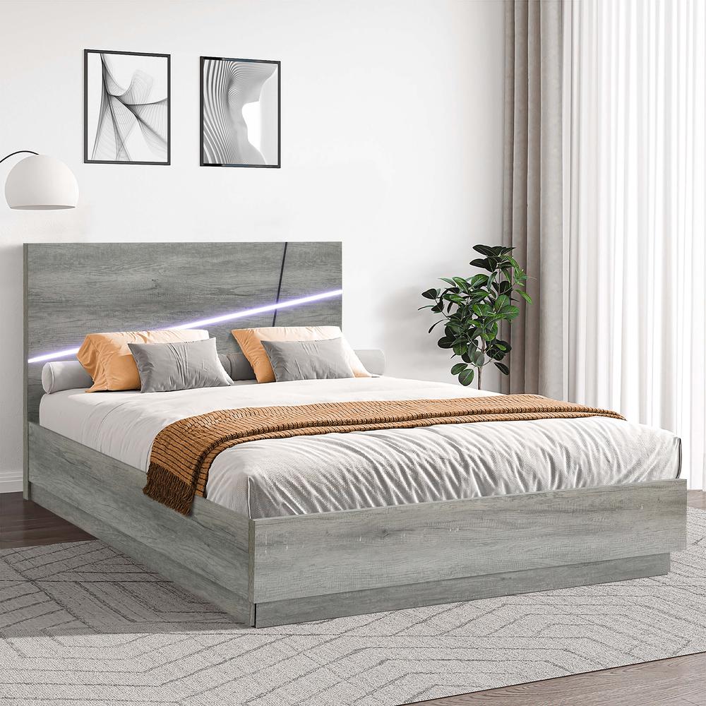 Modern Gray Queen Platform Bed Headboard and Frame Set with Lights. Picture 6