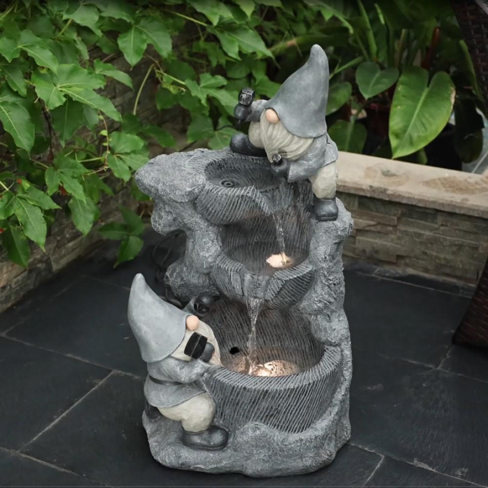 Gray Resin Gnomes Rock Bowl Outdoor Fountain with LED Lights. Picture 2