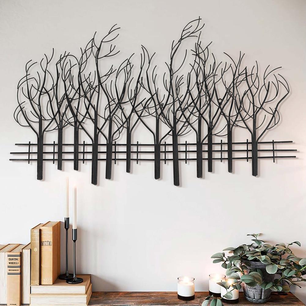 Snowy Black Metal Field of Trees Wall Decor. Picture 1