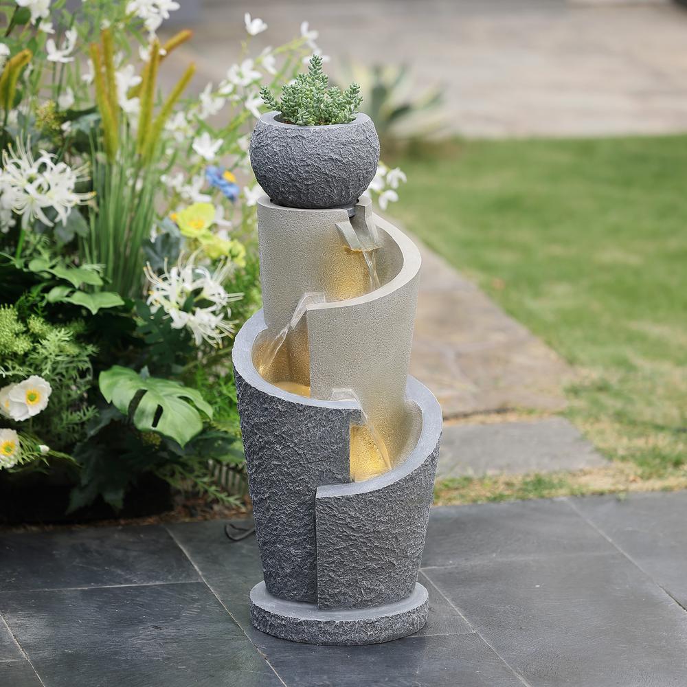 Gray Resin Cascading Spiral Outdoor Fountain with LED Lights. Picture 3