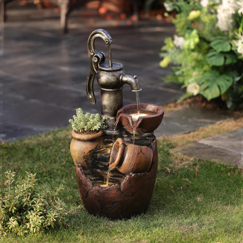 Farmhouse Pump and Pots Resin Outdoor Fountain with LED Lights. Picture 3