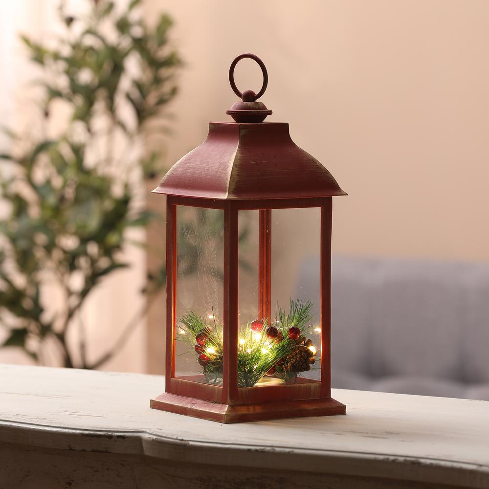Lighted Christmas Holiday Berry and Pine Cone Rustic Red Lantern. Picture 2