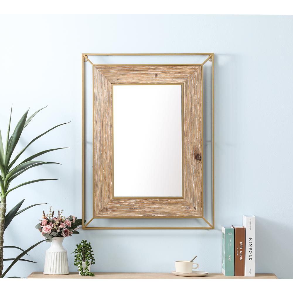 Gold Metal and Natural Wood Rectangular Frame Accent Wall Mirror. Picture 2