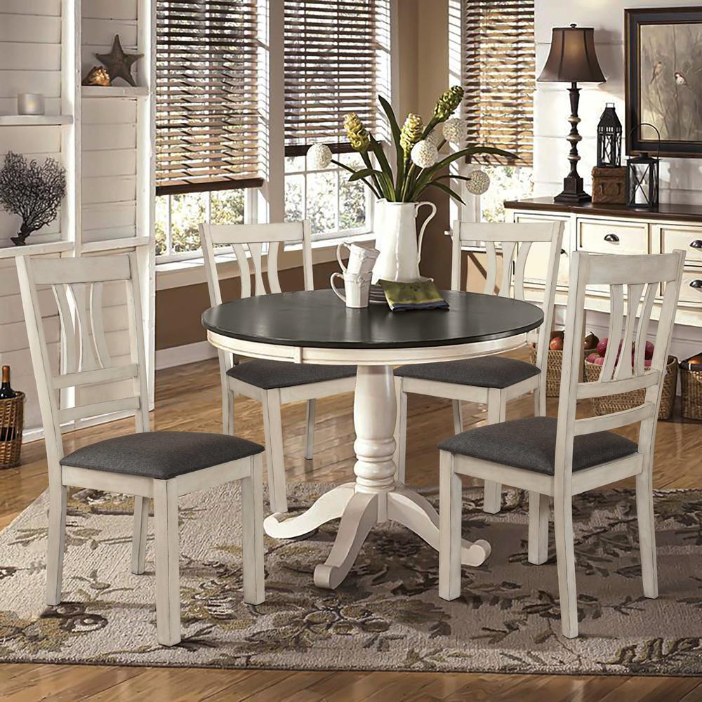 Distressed White Rubberwood and Gray Upholstered  Seat Dining Chair, Set of 2. Picture 10
