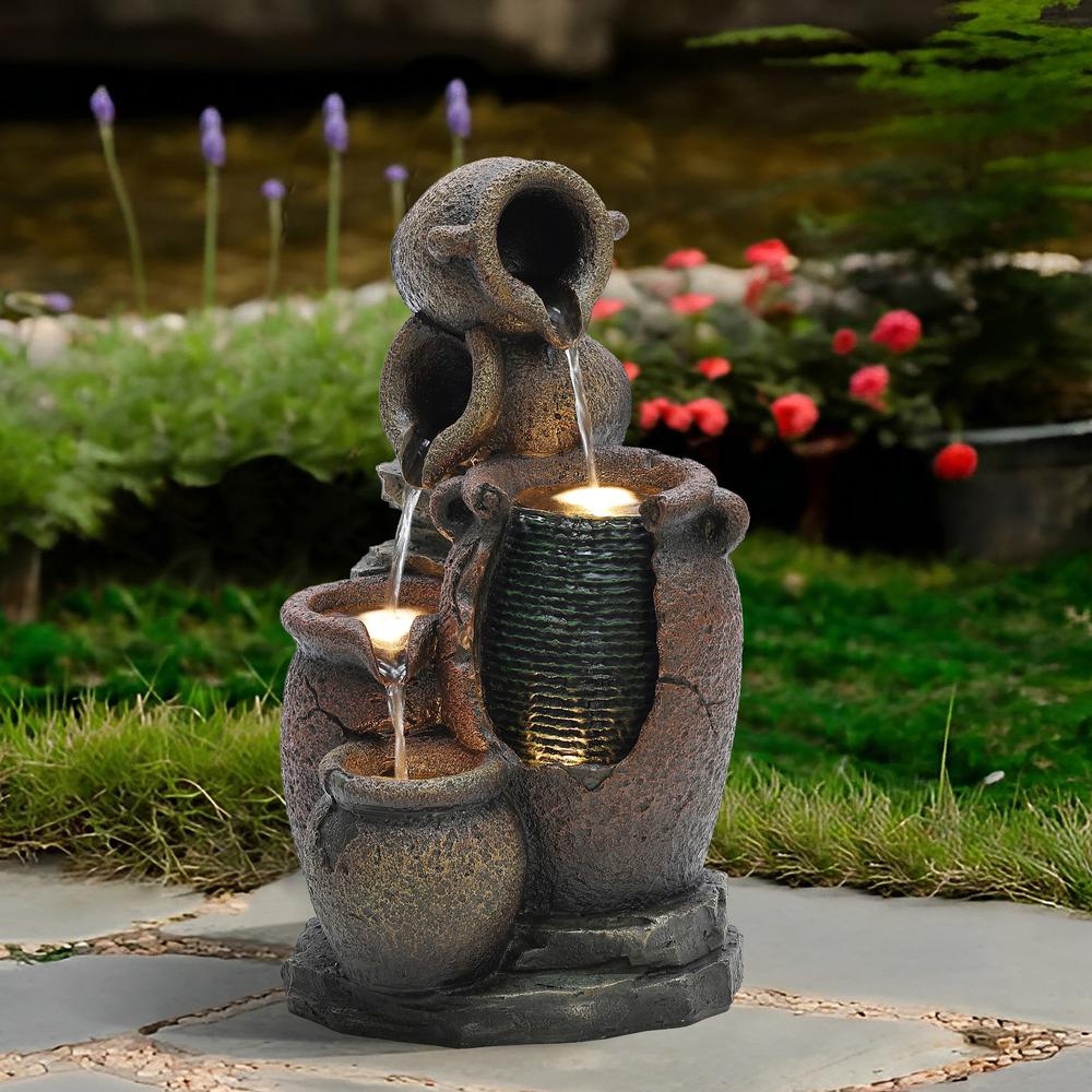 Rustic Brown Urns Resin Outdoor Fountain with LED Lights. Picture 3