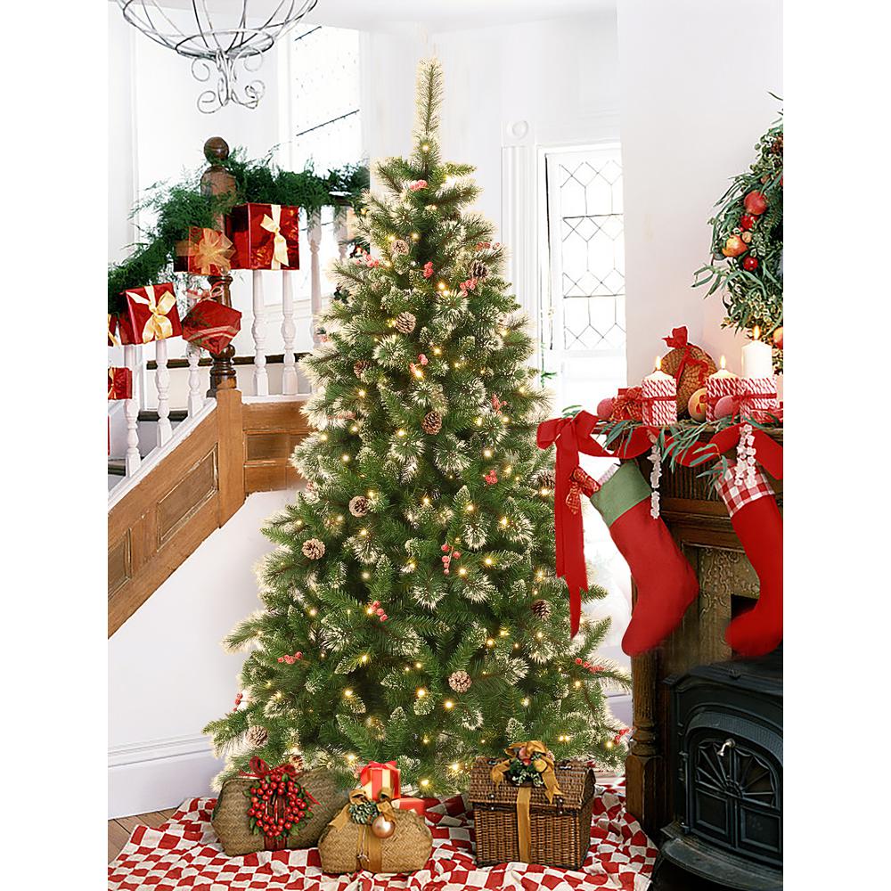 6Ft Pre-Lit LED Artificial Full Pine Christmas Tree with Pine Cones and Red Holly Berries. Picture 4