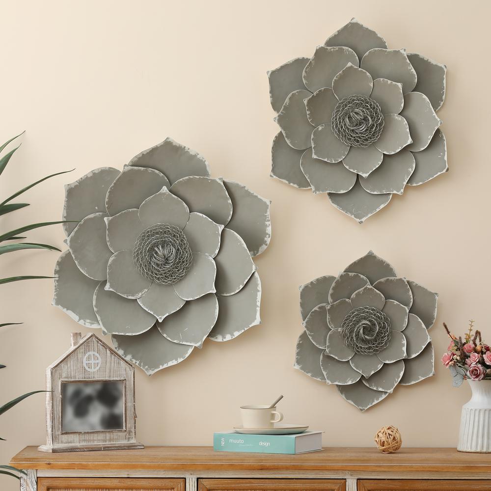 Three Piece Gray Metal Flower Wall Decor. Picture 10