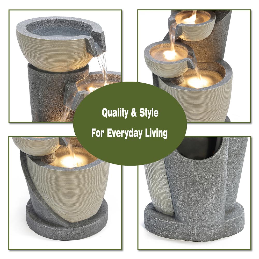 Gray Cascading Bowls and Column Resin Outdoor Fountain with LED Lights. Picture 11