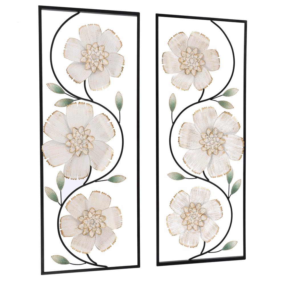 Off White and Gold Magnolia Flowers Black Metal Rectangular Wall Decor, Set of 2. Picture 5