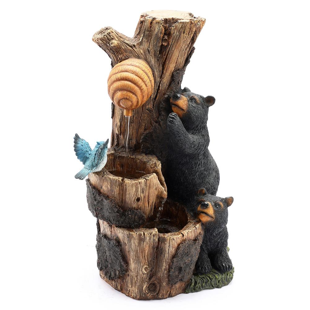21.9" H Bear and Honey Beehive Tree Resin Outdoor Fountain with LED Lights. Picture 1