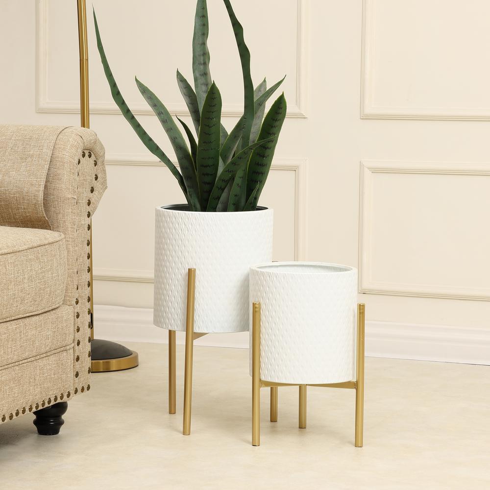 2-Piece White Round Metal Planters and Gold Stand. Picture 8