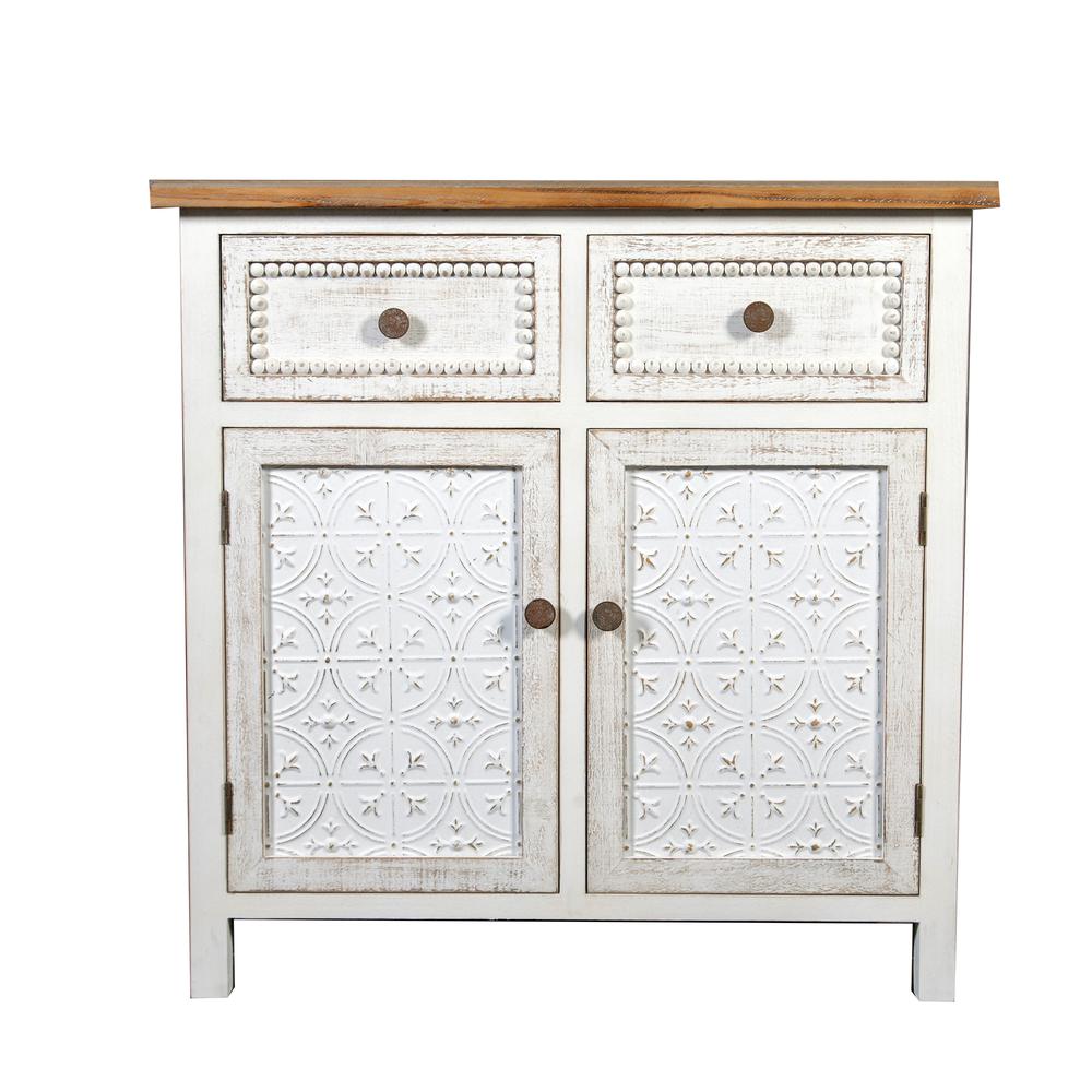 Distressed White Wood 2-Drawer 2-Door Storage Cabinet. Picture 1