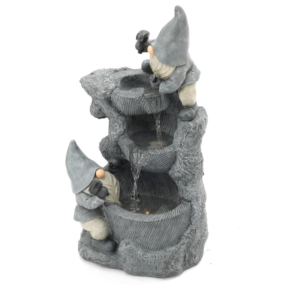 Gray Resin Gnomes Rock Bowl Outdoor Fountain with LED Lights. Picture 5