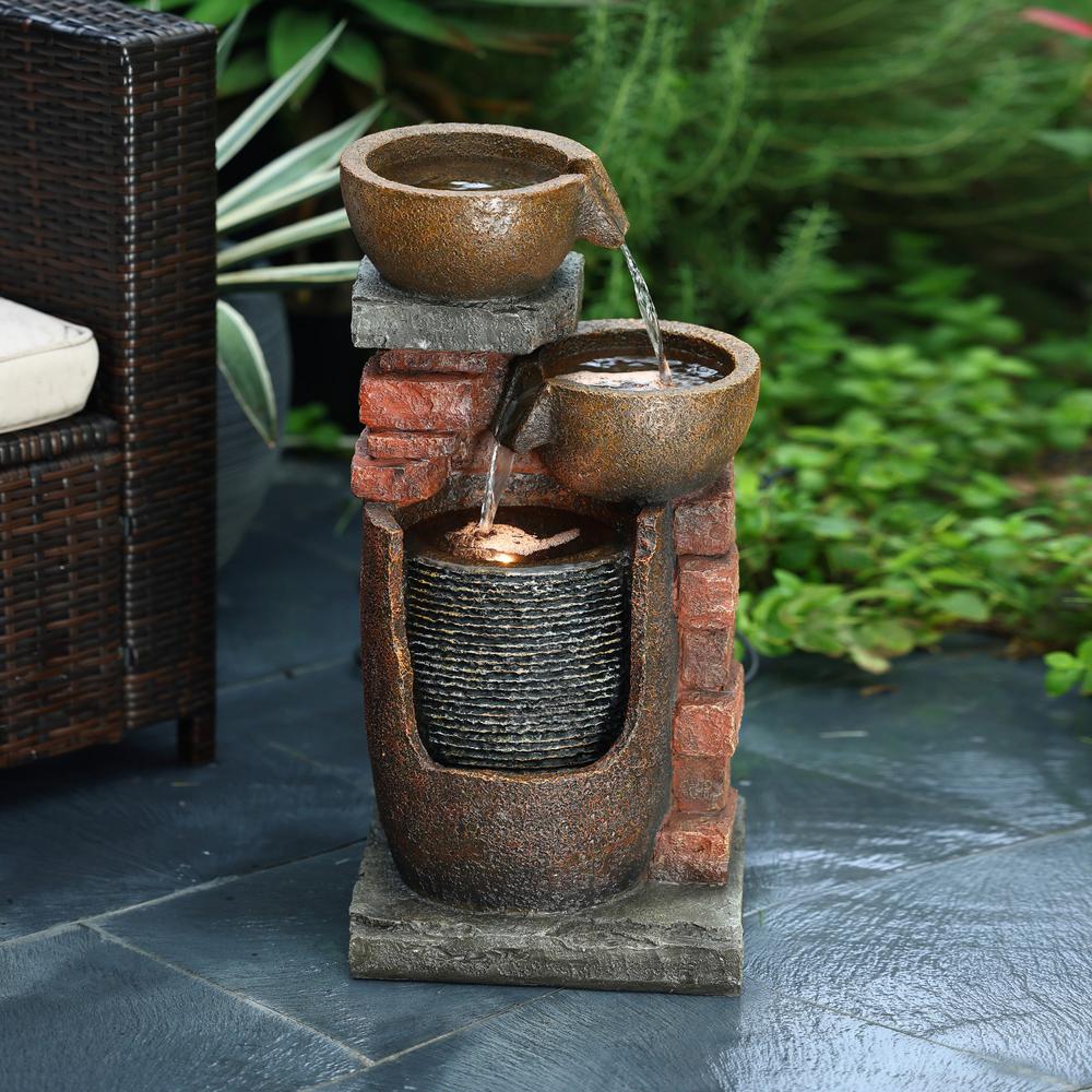 23" H Bowls and Bricks Resin Outdoor Fountain with LED Lights. Picture 5