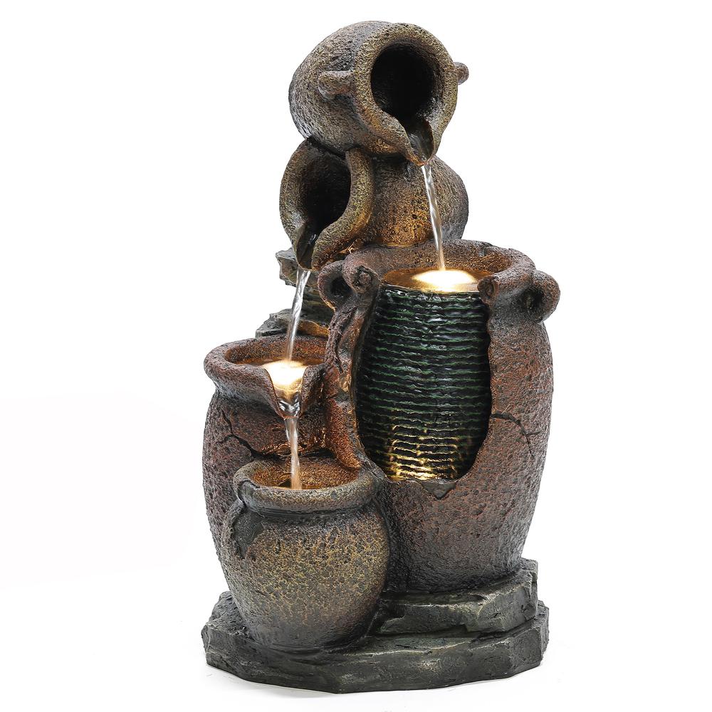 Rustic Brown Urns Resin Outdoor Fountain with LED Lights. Picture 1