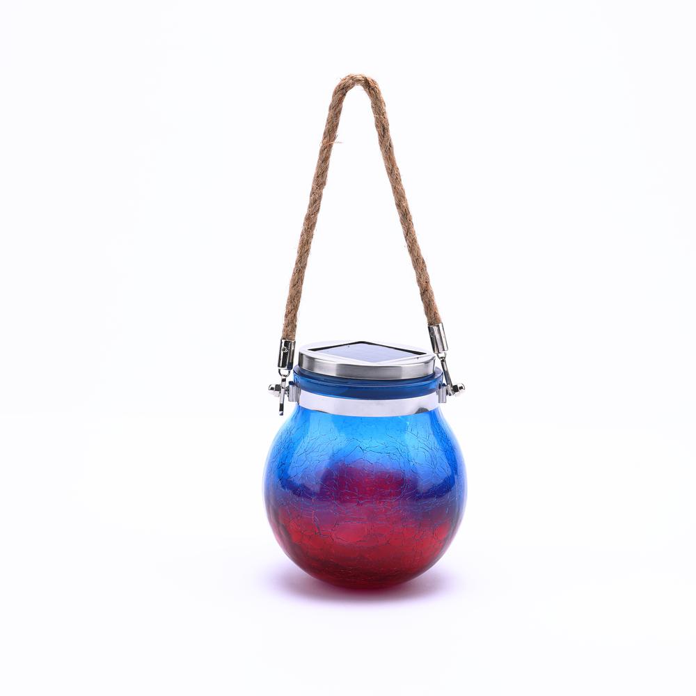 LuxenHome Blue and Red Crackle Glass Solar Outdoor Hanging and Table Lantern. Picture 1
