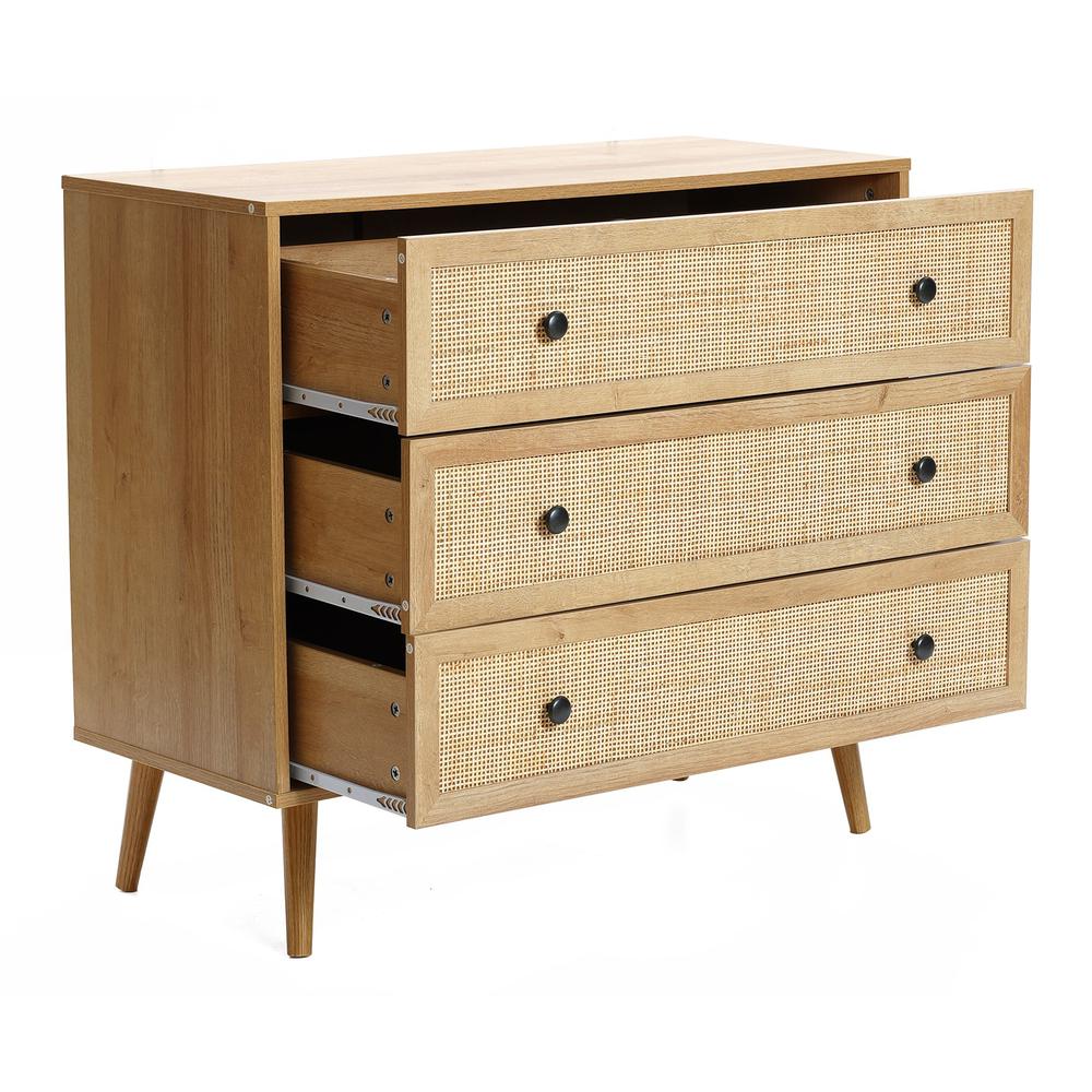35.4" Wide 3-Drawer Rattan Light Oak Finish Wood Dresser. Picture 4