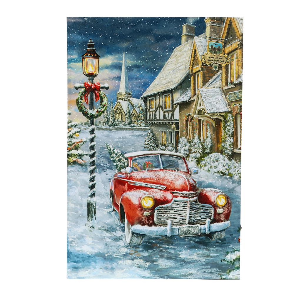 Winter Wonderland Home for the Holidays Car Canvas Print with LED Lights. Picture 1