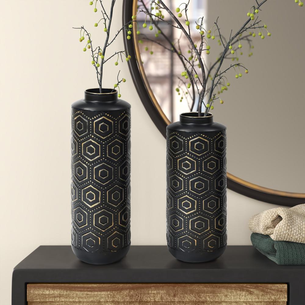 Set of 2 Black and Gold Metal Bottle Vases. Picture 2
