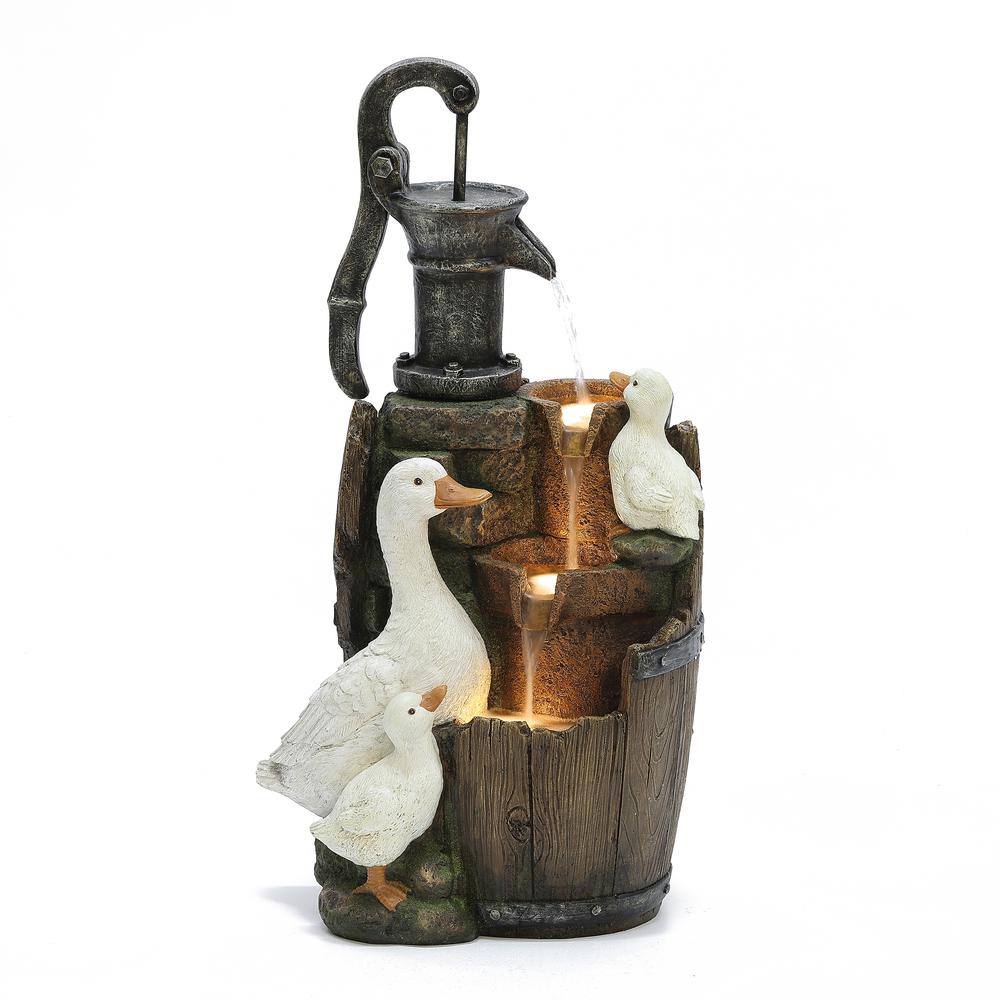 Farmhouse Pump and Duck Family Resin Outdoor Fountain with LED Lights. Picture 1