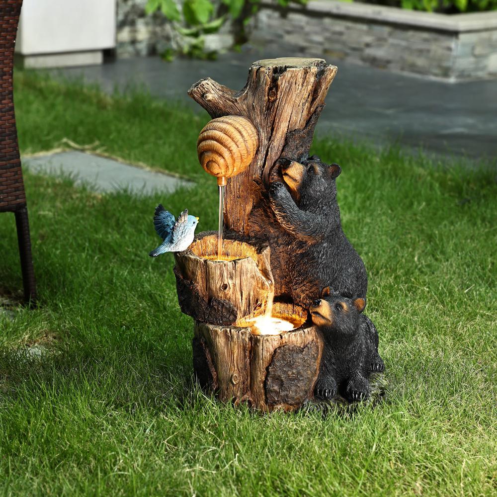 21.9" H Bear and Honey Beehive Tree Resin Outdoor Fountain with LED Lights. Picture 3