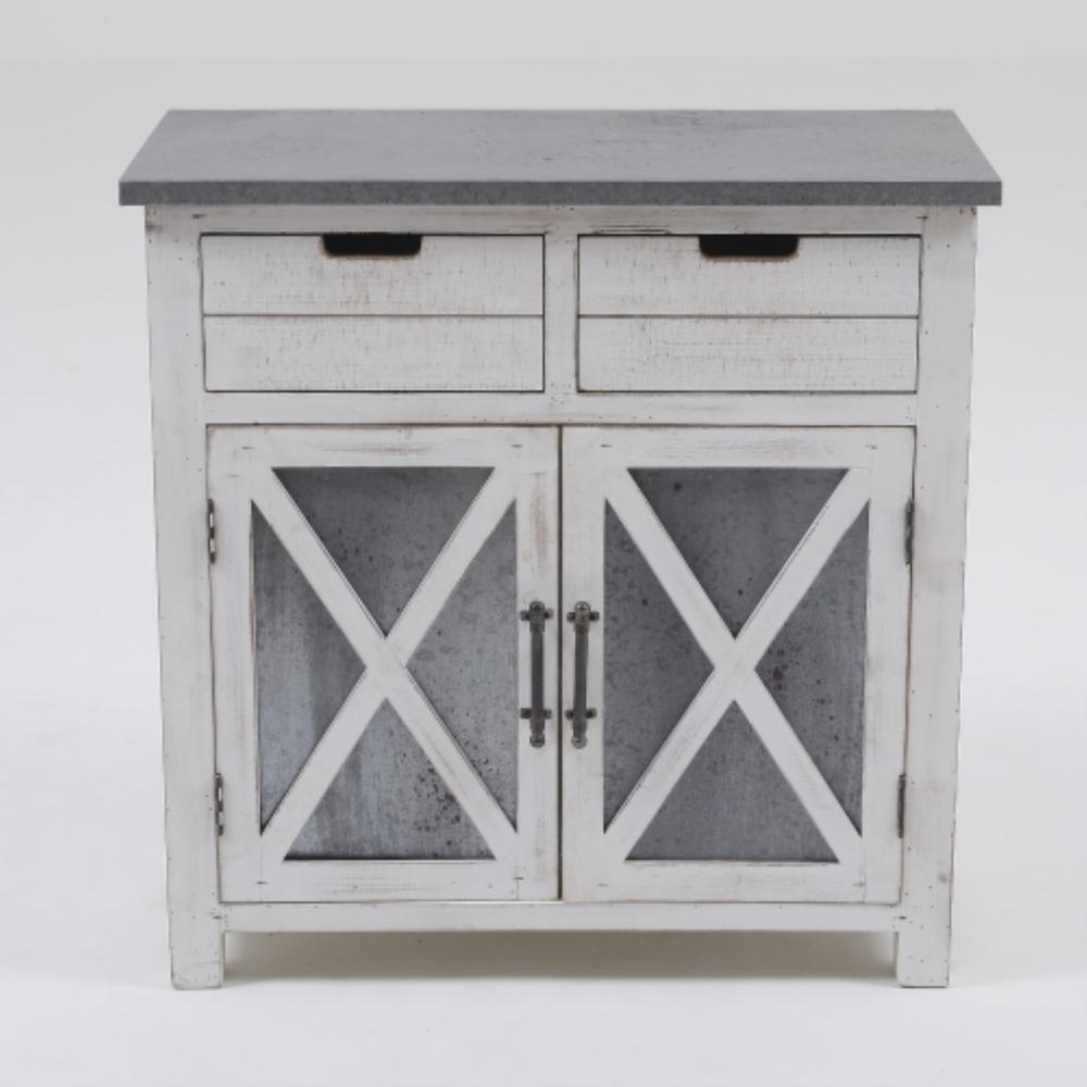 Rustic White Wood and Metal 2-Drawer 2-Door Storage Cabinet. Picture 1