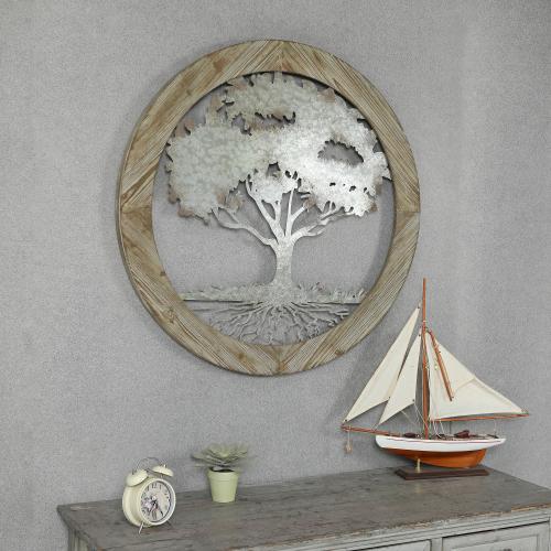 Metal Tree of Life with Roots Wall Decor with Round Wood Frame. Picture 3
