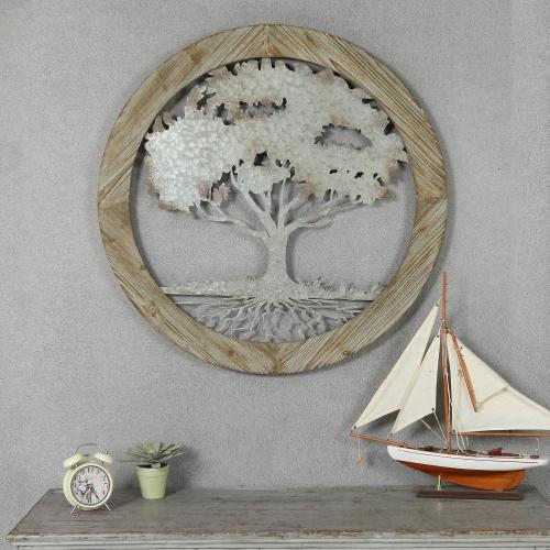 Metal Tree of Life with Roots Wall Decor with Round Wood Frame. Picture 2