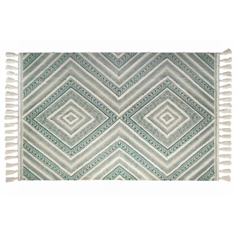 3'x5' Handloom Teal Stonewashed Cotton Rug with Tassels. Picture 1