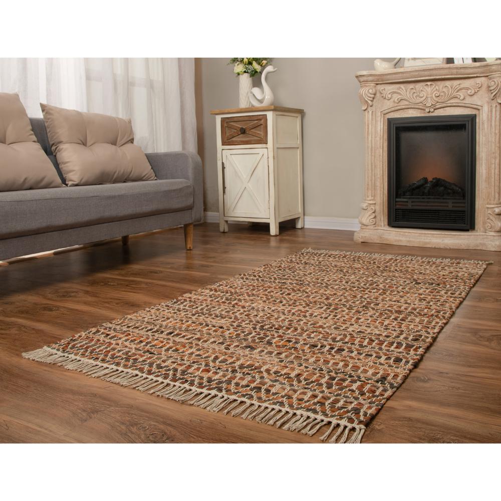 4'x6' Handwoven Coffee/White Leather/Cotton Rug. Picture 2