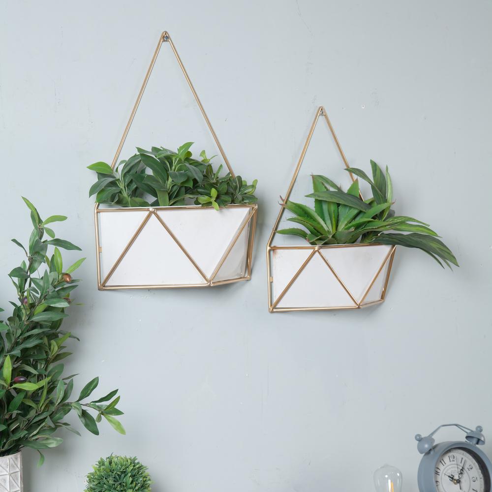 Set of 2 White and Gold Succulent Metal Cachepot Wall Planters. Picture 4