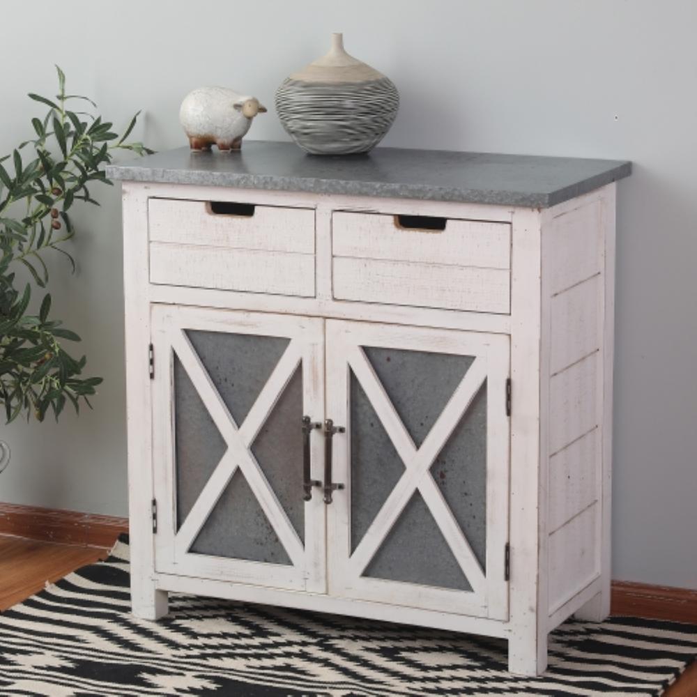 Rustic White Wood and Metal 2-Drawer 2-Door Storage Cabinet. Picture 2