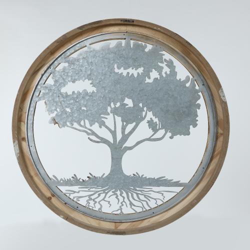 Metal Tree of Life with Roots Wall Decor with Round Wood Frame. Picture 4