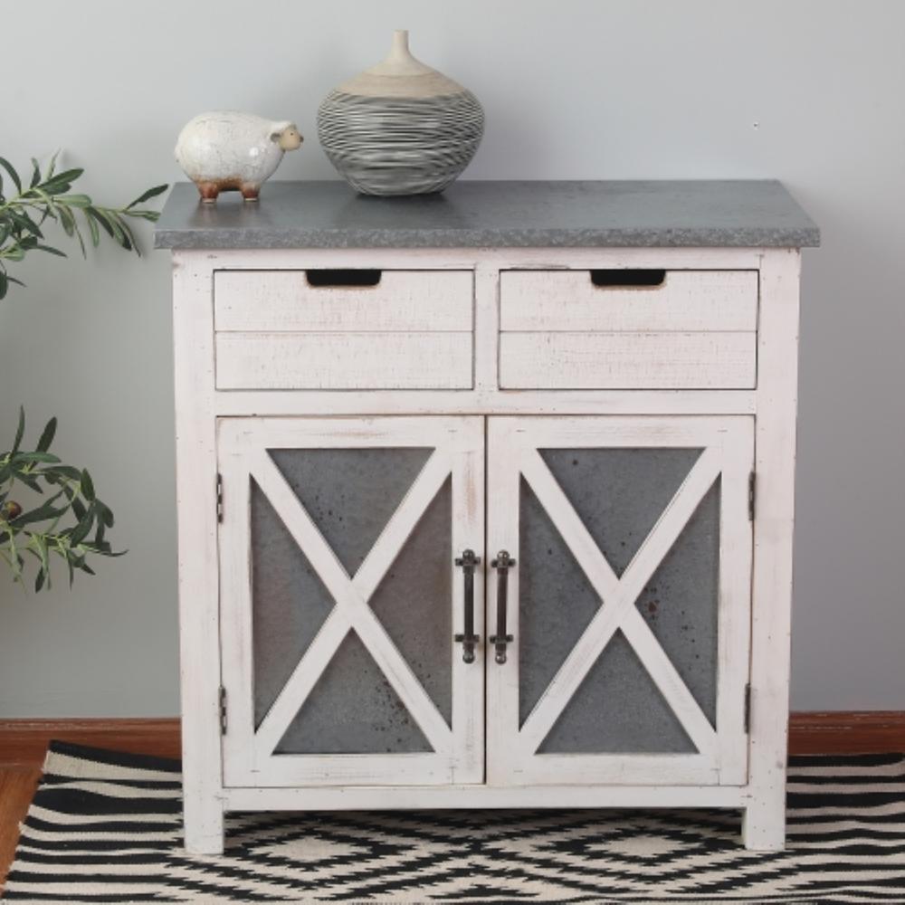 Rustic White Wood and Metal 2-Drawer 2-Door Storage Cabinet. Picture 3