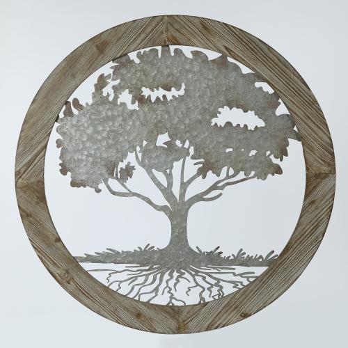 Metal Tree of Life with Roots Wall Decor with Round Wood Frame. Picture 1