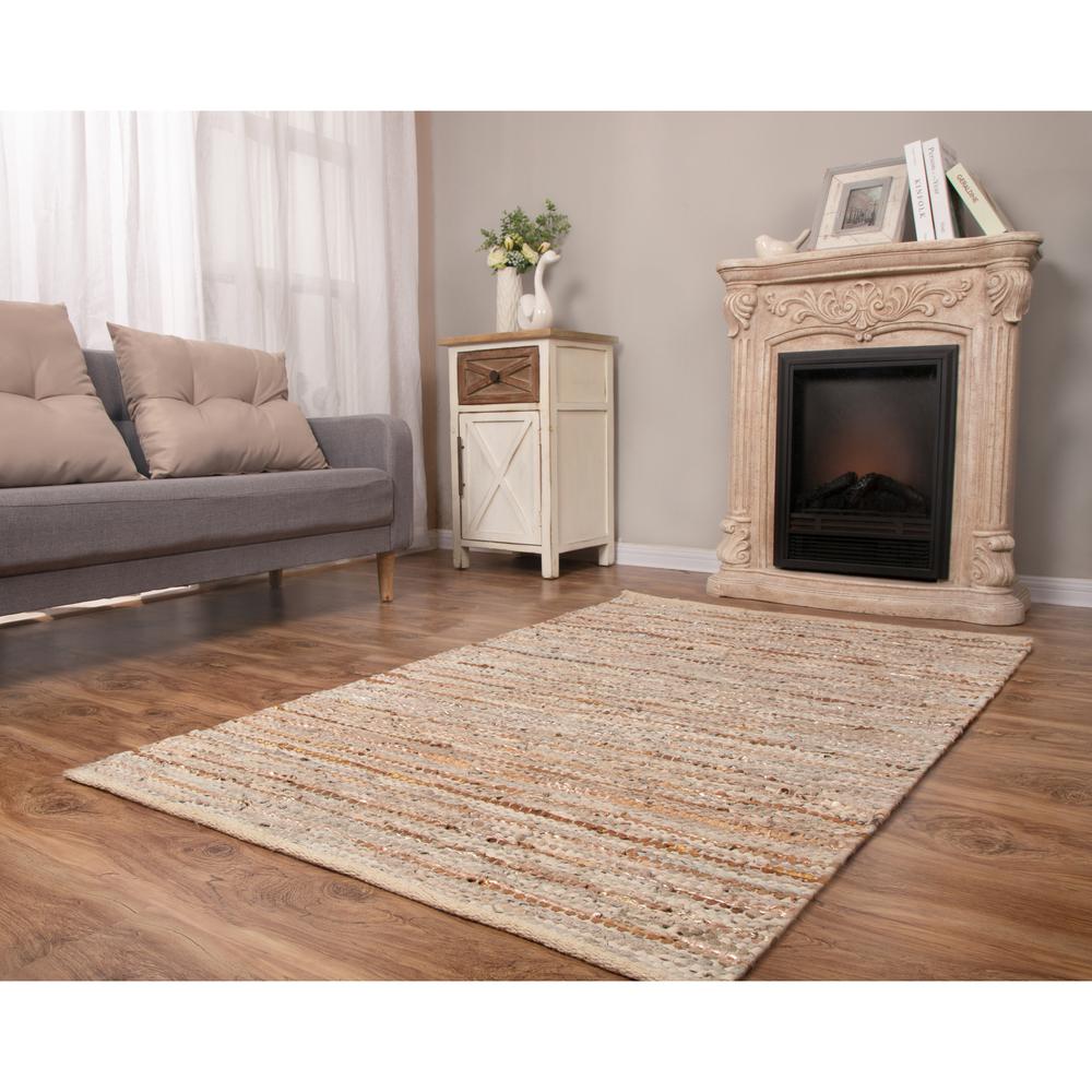 4'x6' Handwoven Beige Leather/Cotton Rug with Metallic Leather. Picture 2