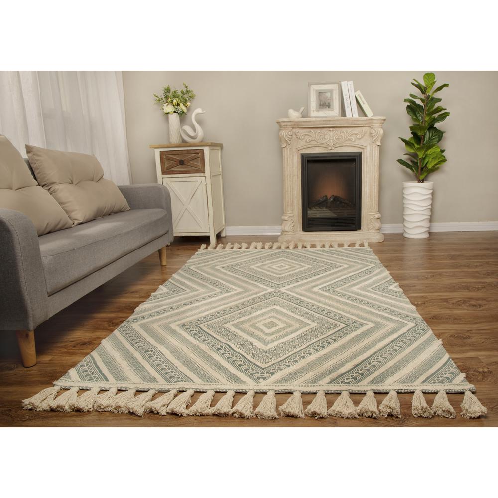4'x6' Handloom Teal Stonewashed Cotton Rug with Tassels. Picture 7