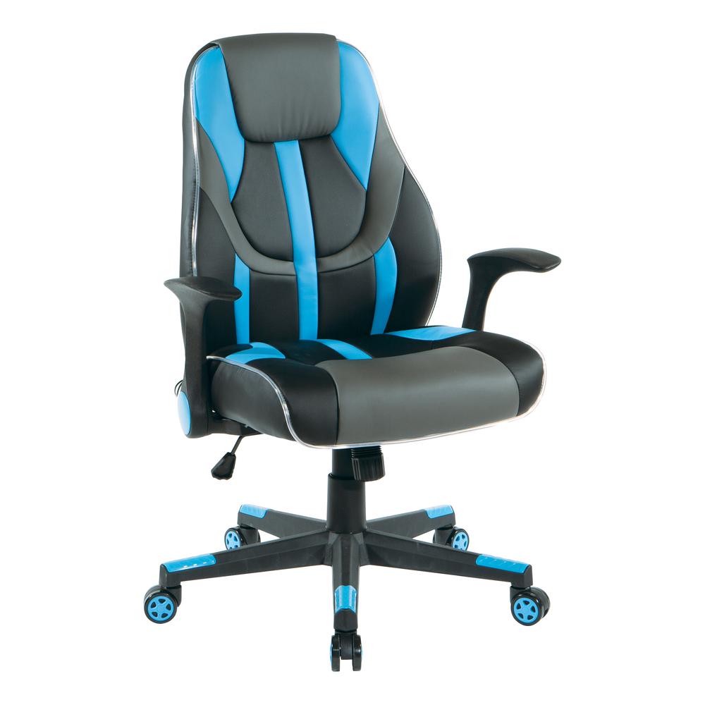 Output Gaming Chair in Black Faux Leather with Blue Trim and Accents with Controllable RGB LED Light piping., OUT25-BLU. Picture 1