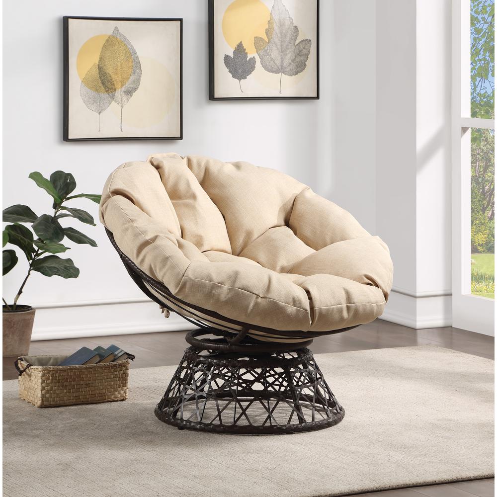 Papasan Chair with Cream Round Pillow Cushion and Brown Wicker Weave, BF29296BR-M52. Picture 5
