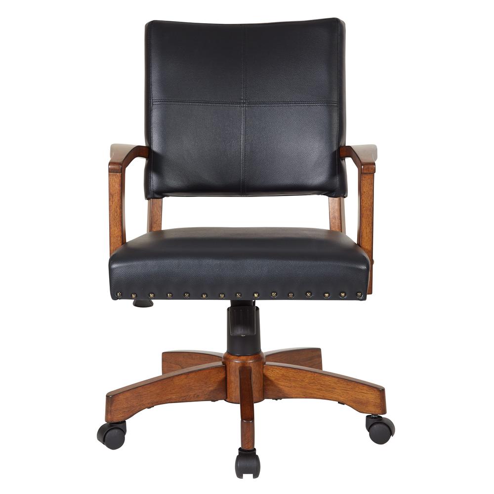 Deluxe Wood Bankers Chair in Black Faux Leather with Antique Bronze Nailheads and Medium Brown Wood, 109MB-BK. Picture 2
