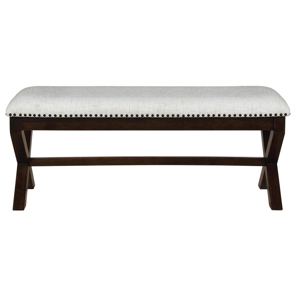 Monte Carlo Bench with Dark Walnut Base and Antique Bronze Nailhead Trim in Linen Fabric. Picture 3