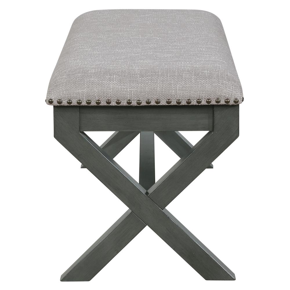 Monte Carlo Bench with Antique Grey Base and Antique Bronze Nailhead Trim in Grey Fabric. Picture 4