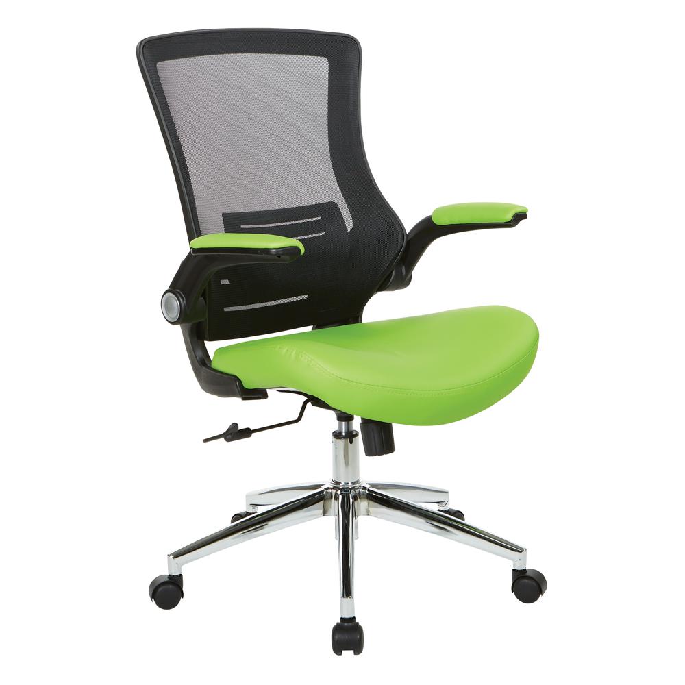 Black Screen Back Manager's Chair with Green Faux Leather Seat and Padded Flip Arms with Silver Accents, EM60926C-U16. Picture 1