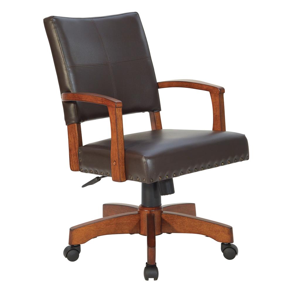 Deluxe Wood Bankers Chair in Espresso Faux Leather with Antique Bronze Nailheads and Medium Brown Wood, 109MB-ES. Picture 1