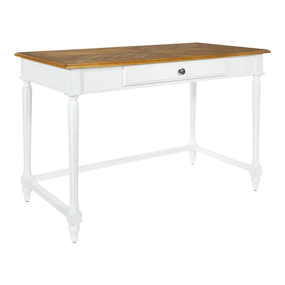 Medford Writing Desk with white distressed faces with natural veneer tops, MED25-DWH. The main picture.