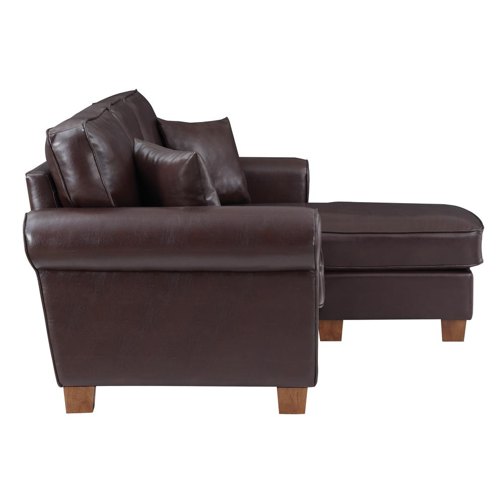 Rylee Rolled Arm Sectional in Cocoa Faux Leather with Pillows and Coffee Legs, RLE55-PD24. Picture 4